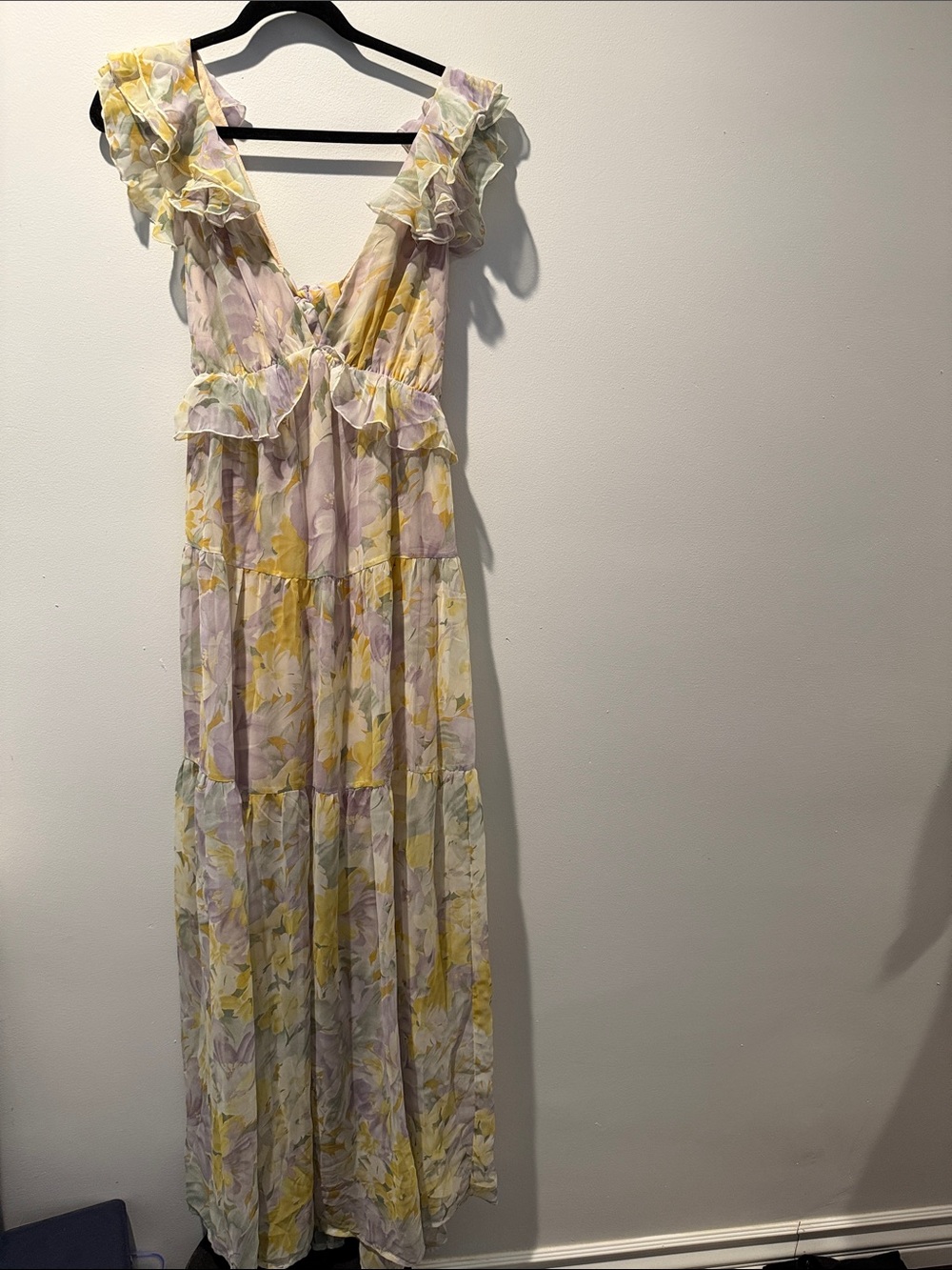 Pastel Floral Ruffle V-Neck Maxi Dress in Yellow & Lavender